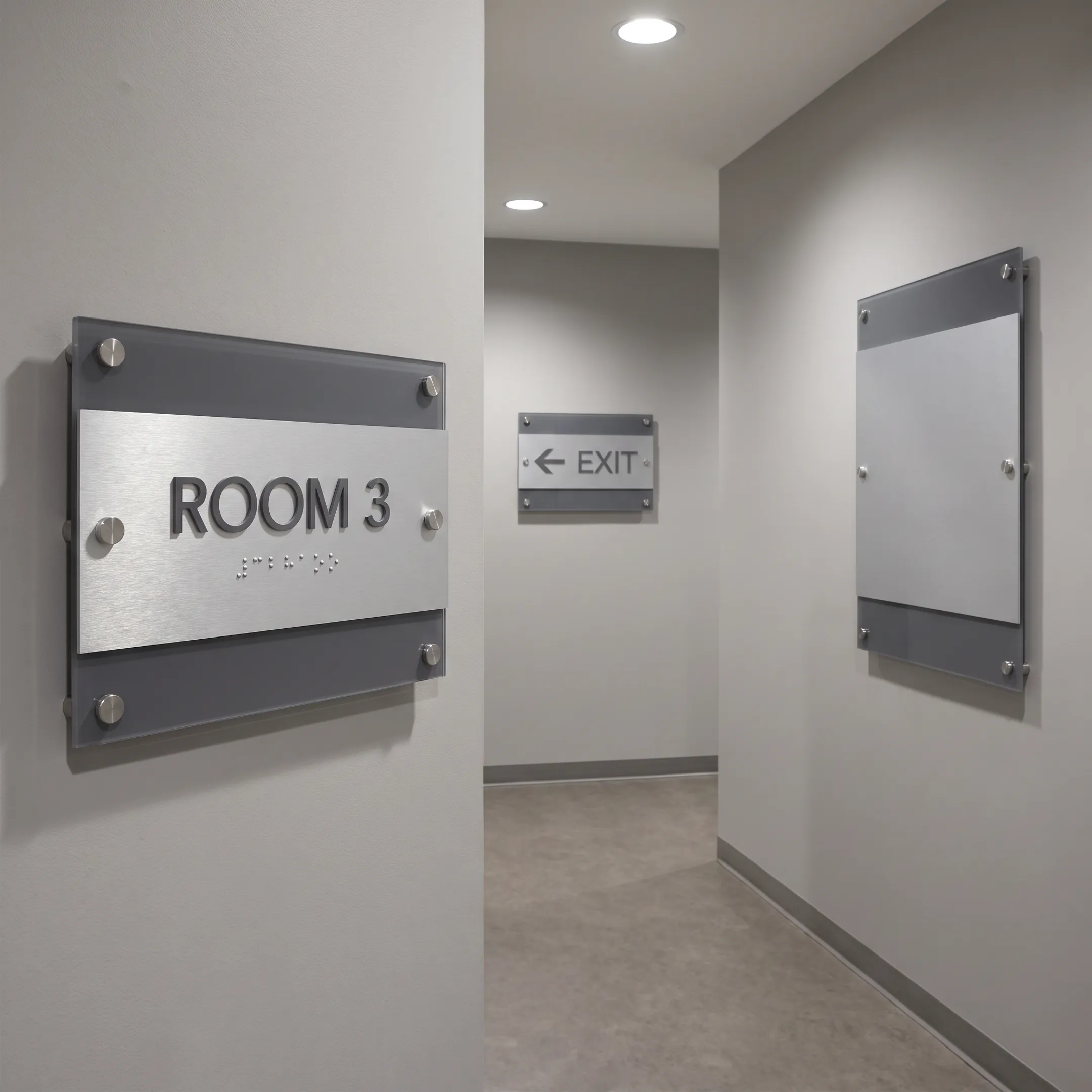 ADA directional signage in commercial hallway