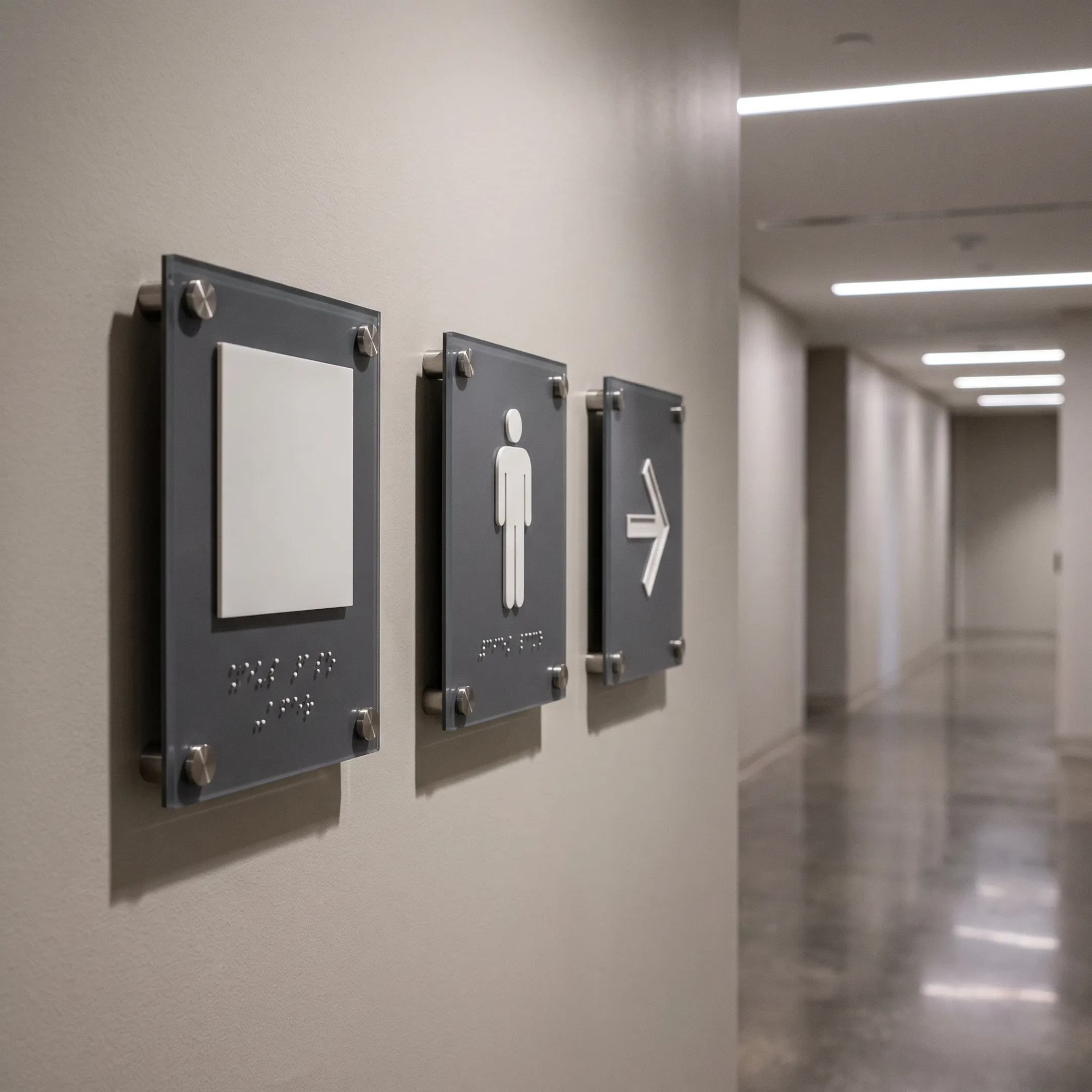 Tactile Braille signs displayed in a commercial interior