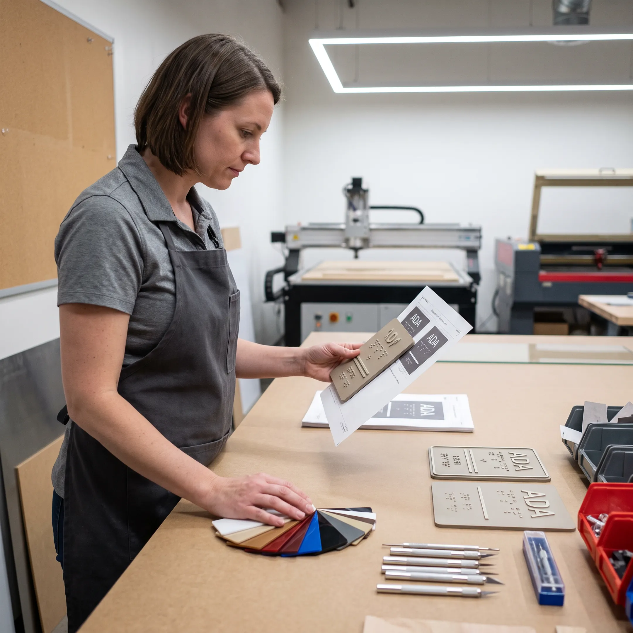 Designer reviewing custom safety sign proofs