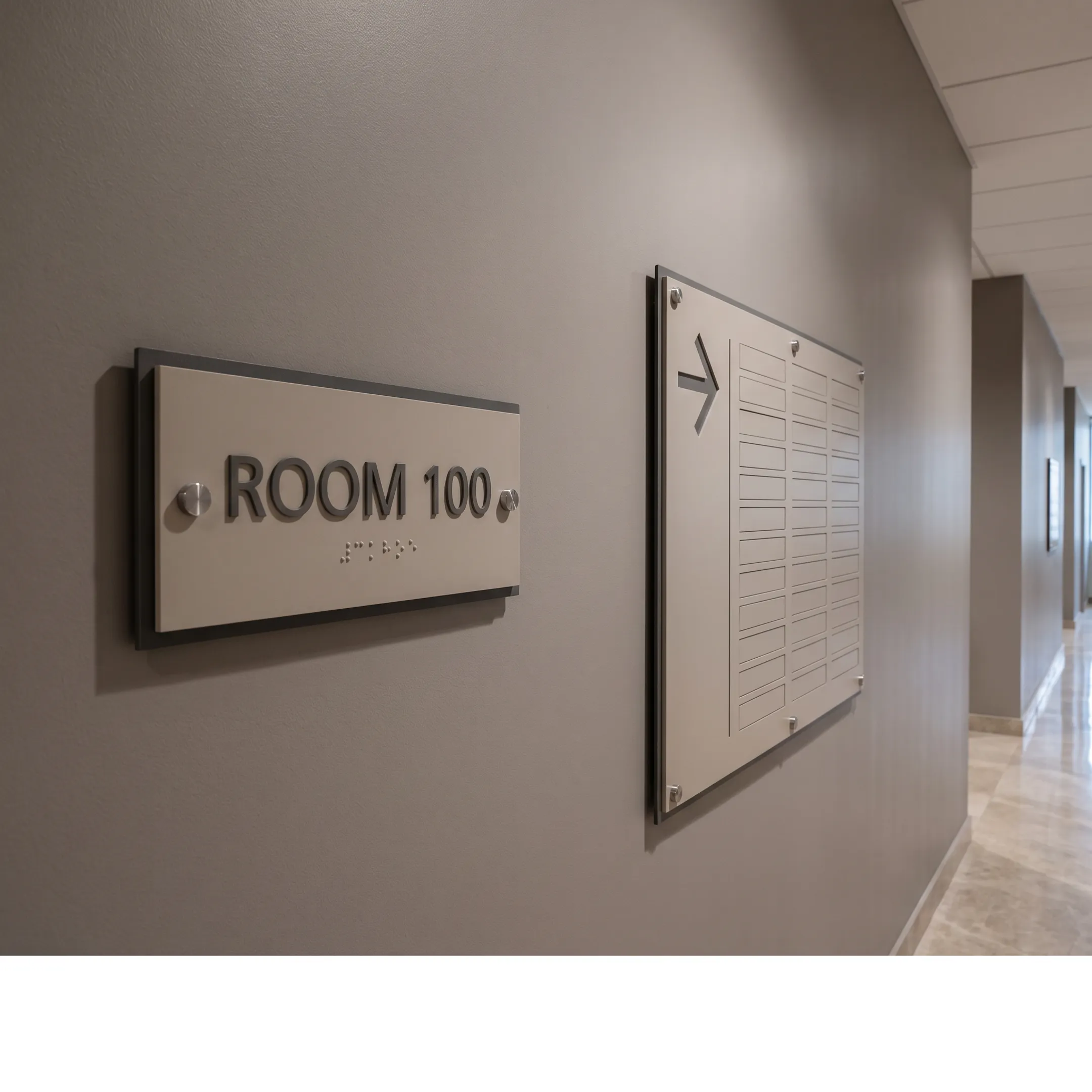 ADA and wayfinding signs in a commercial lobby
