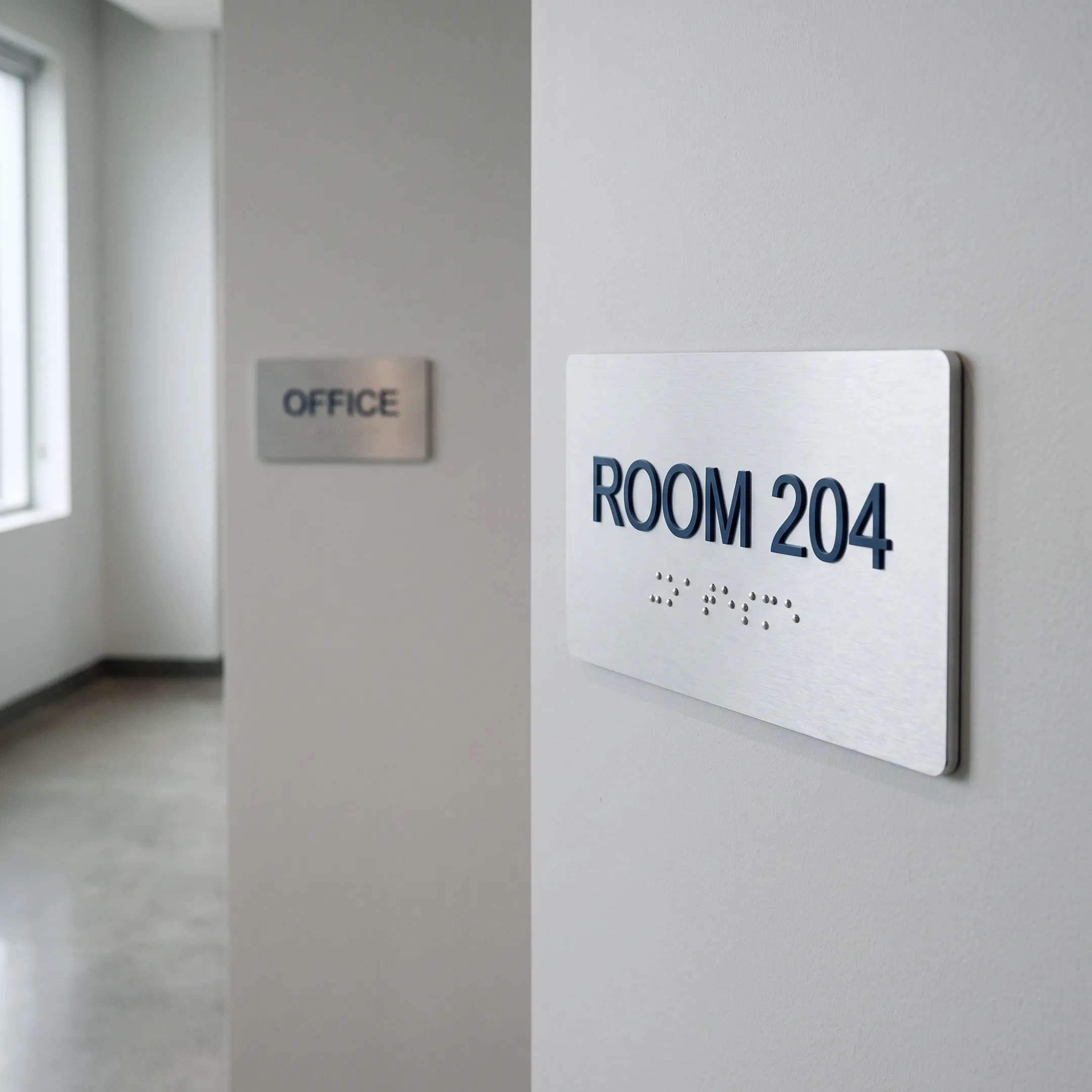 Tactile ADA signs in an office corridor