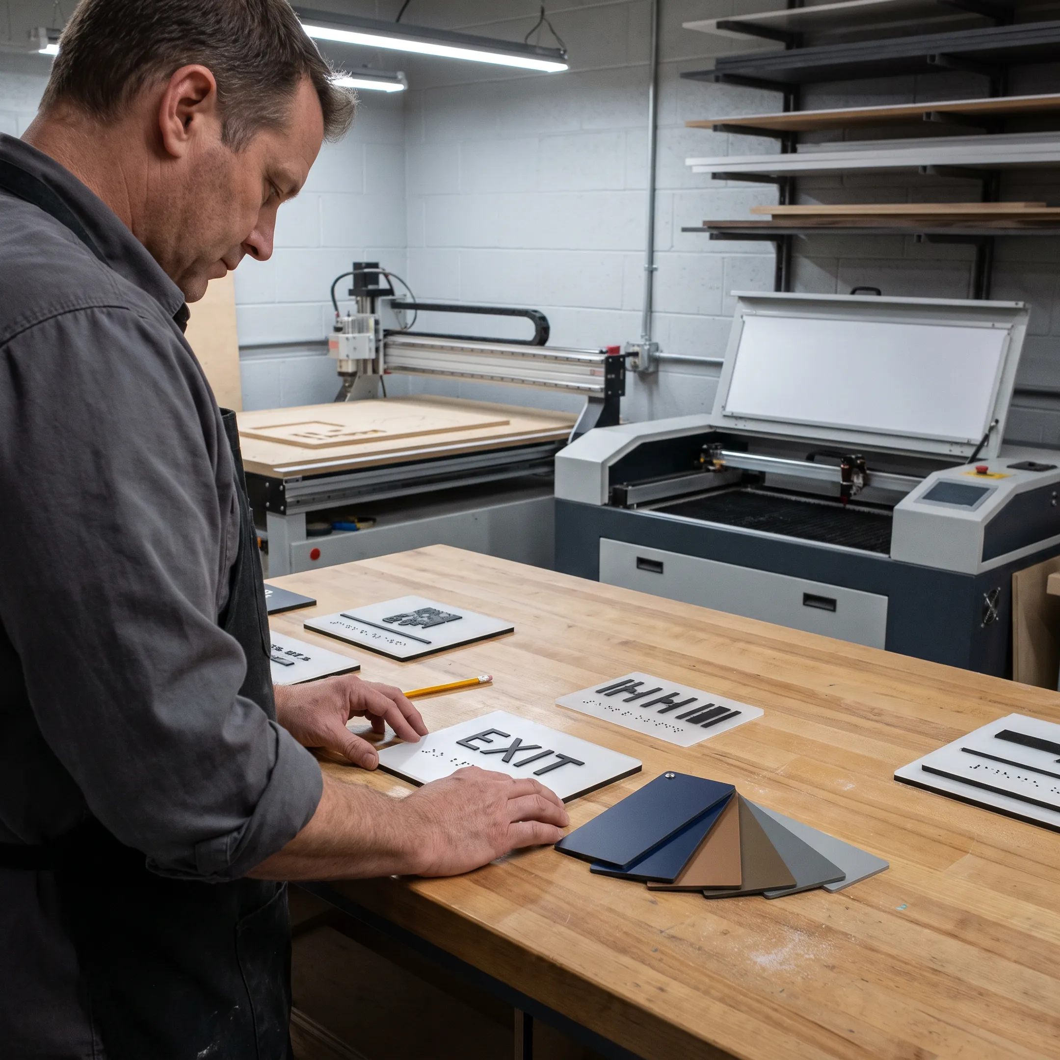 Technician reviewing ADA Braille sign proofs