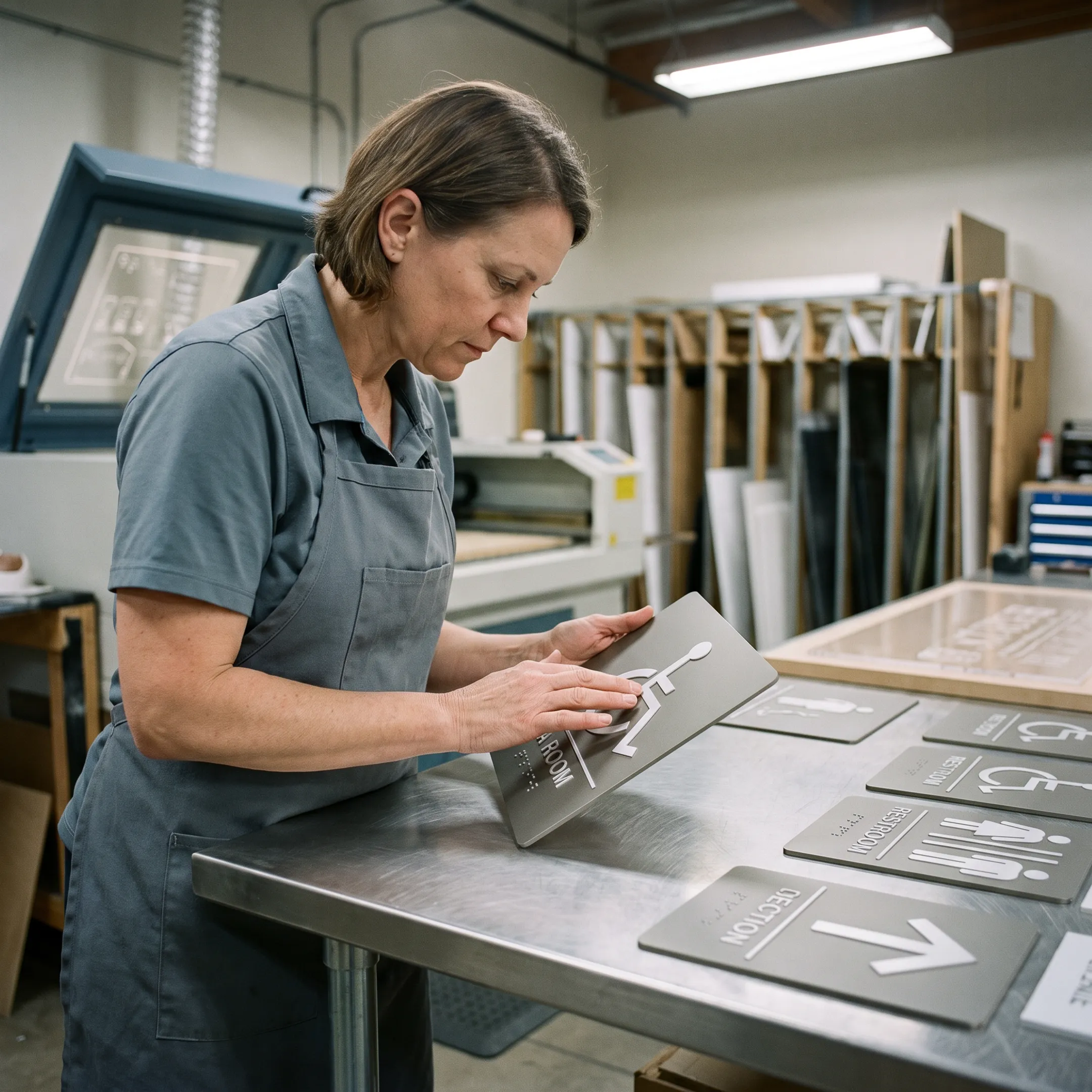 Custom ADA signs being reviewed before fulfillment