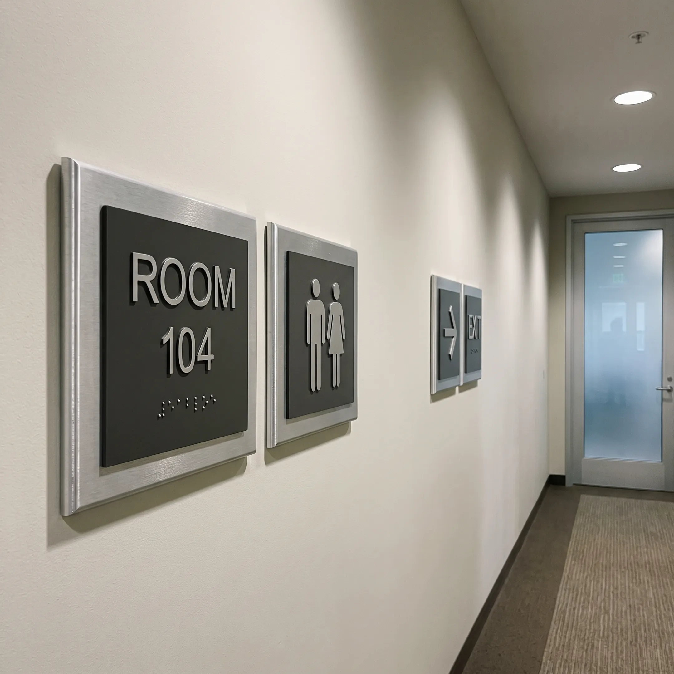 ADA and wayfinding signs in a commercial hallway