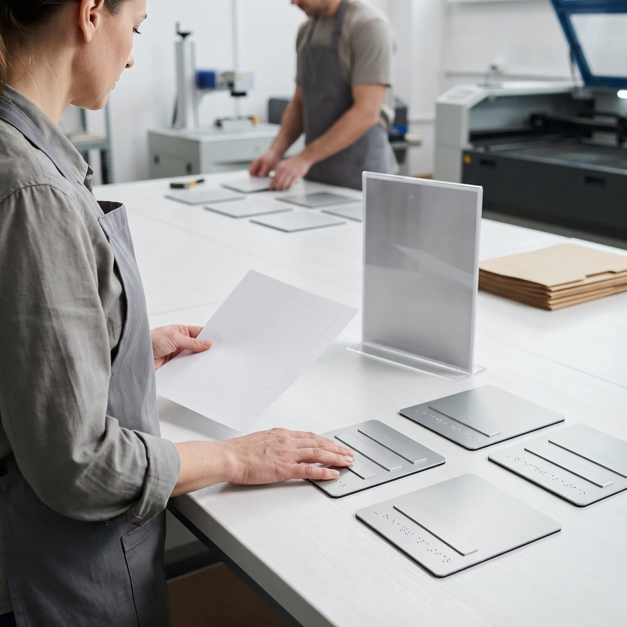 Custom ADA signs being reviewed during production
