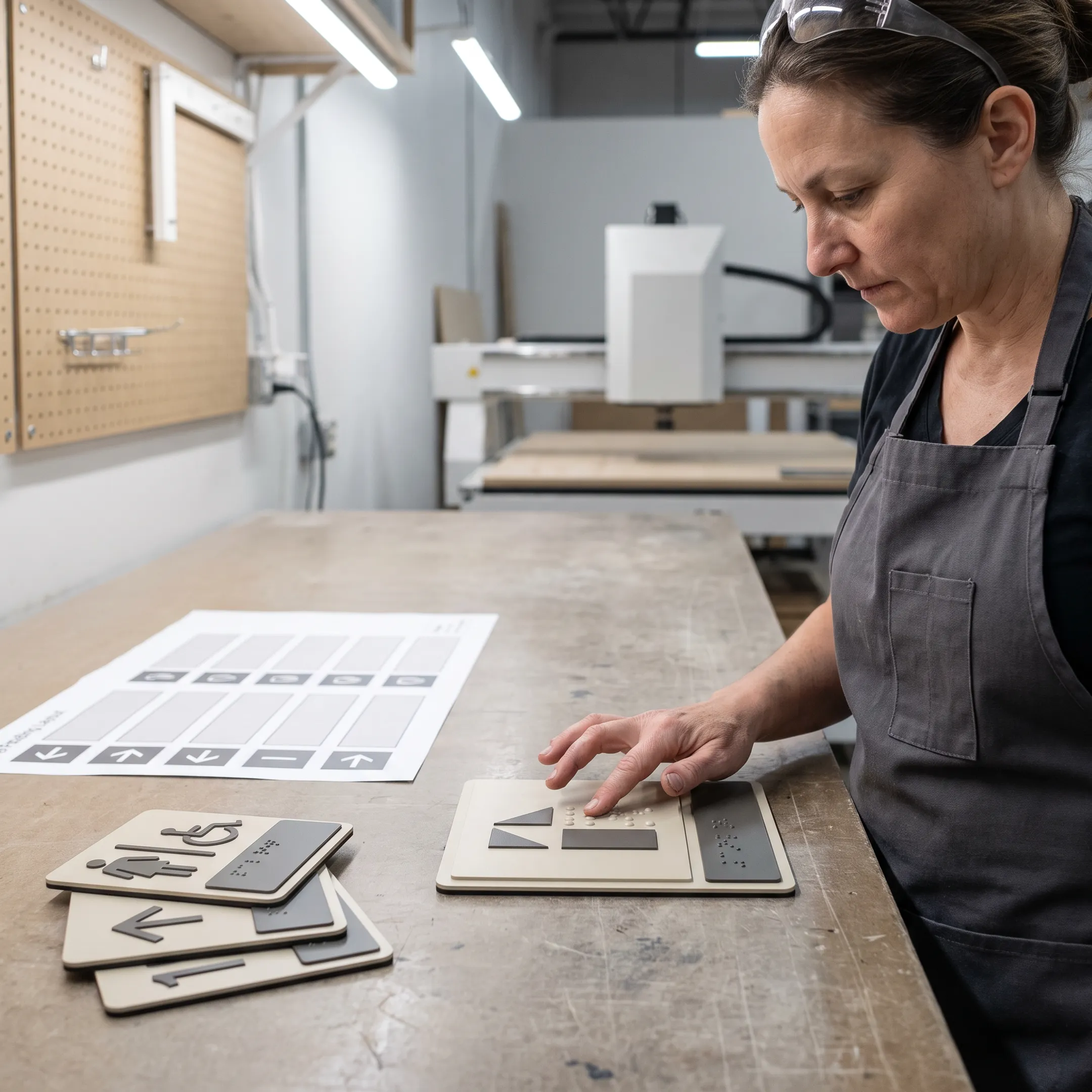 Signage specialist reviewing ADA sign proofs