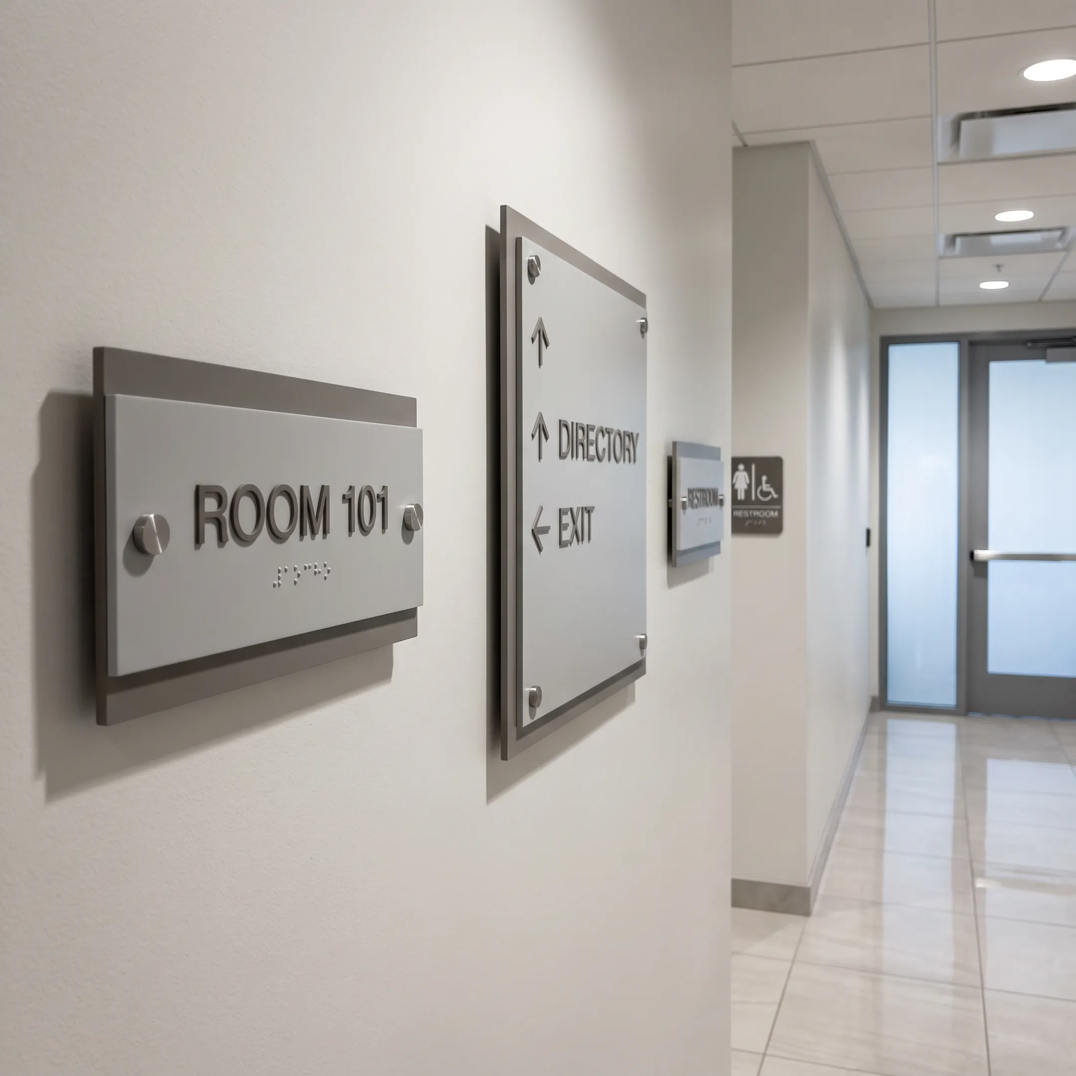 ADA and directory signs in commercial hallway
