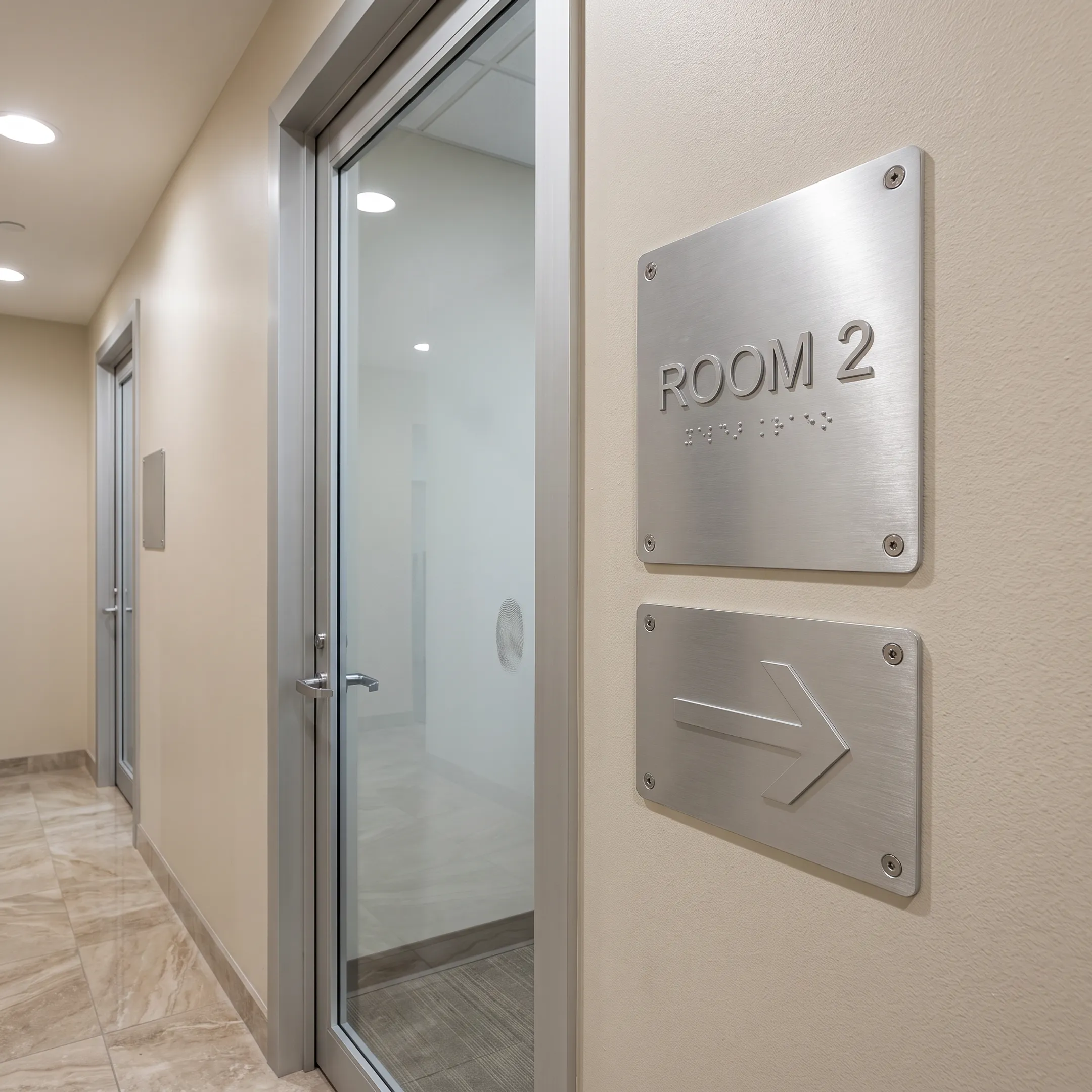ADA signs and wayfinding signage on a commercial wall