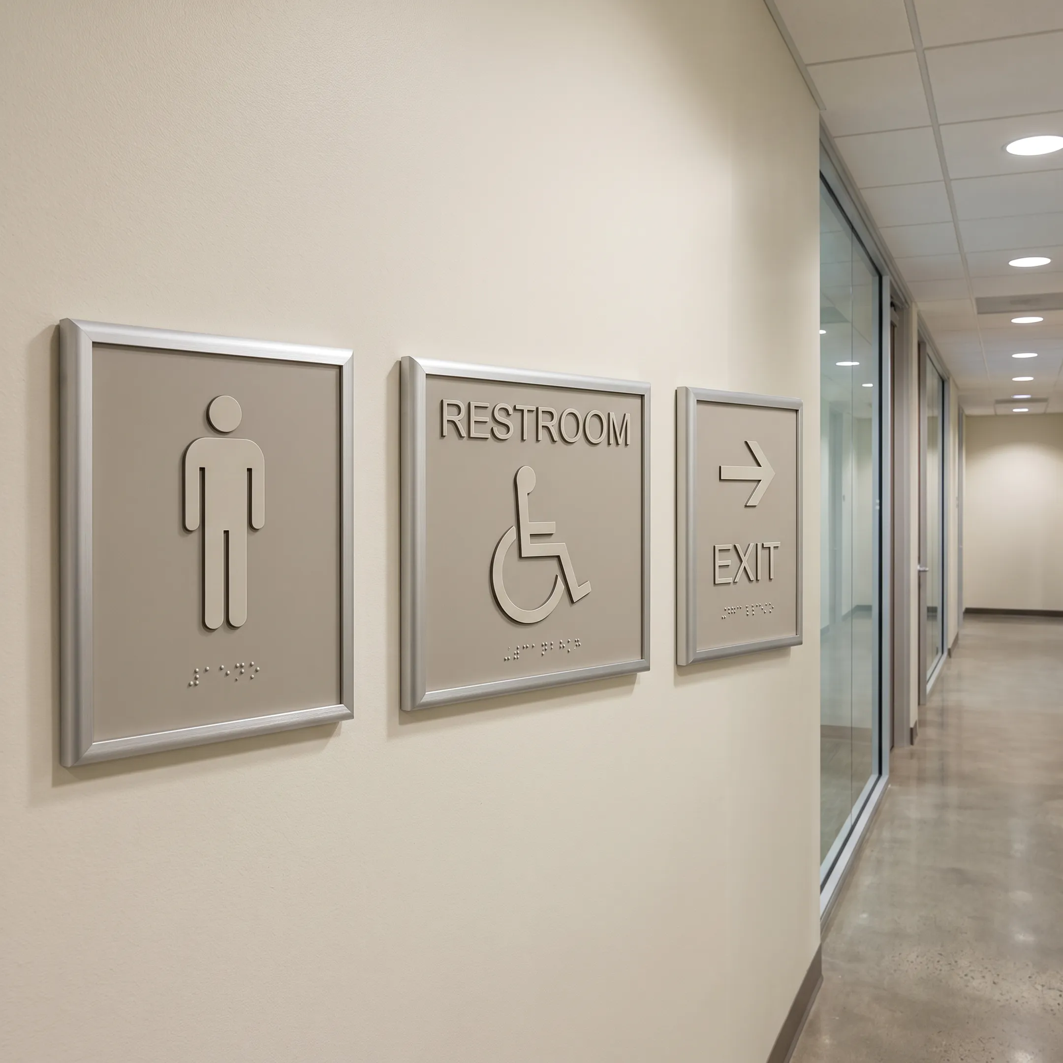 ADA and wayfinding signs in an office corridor