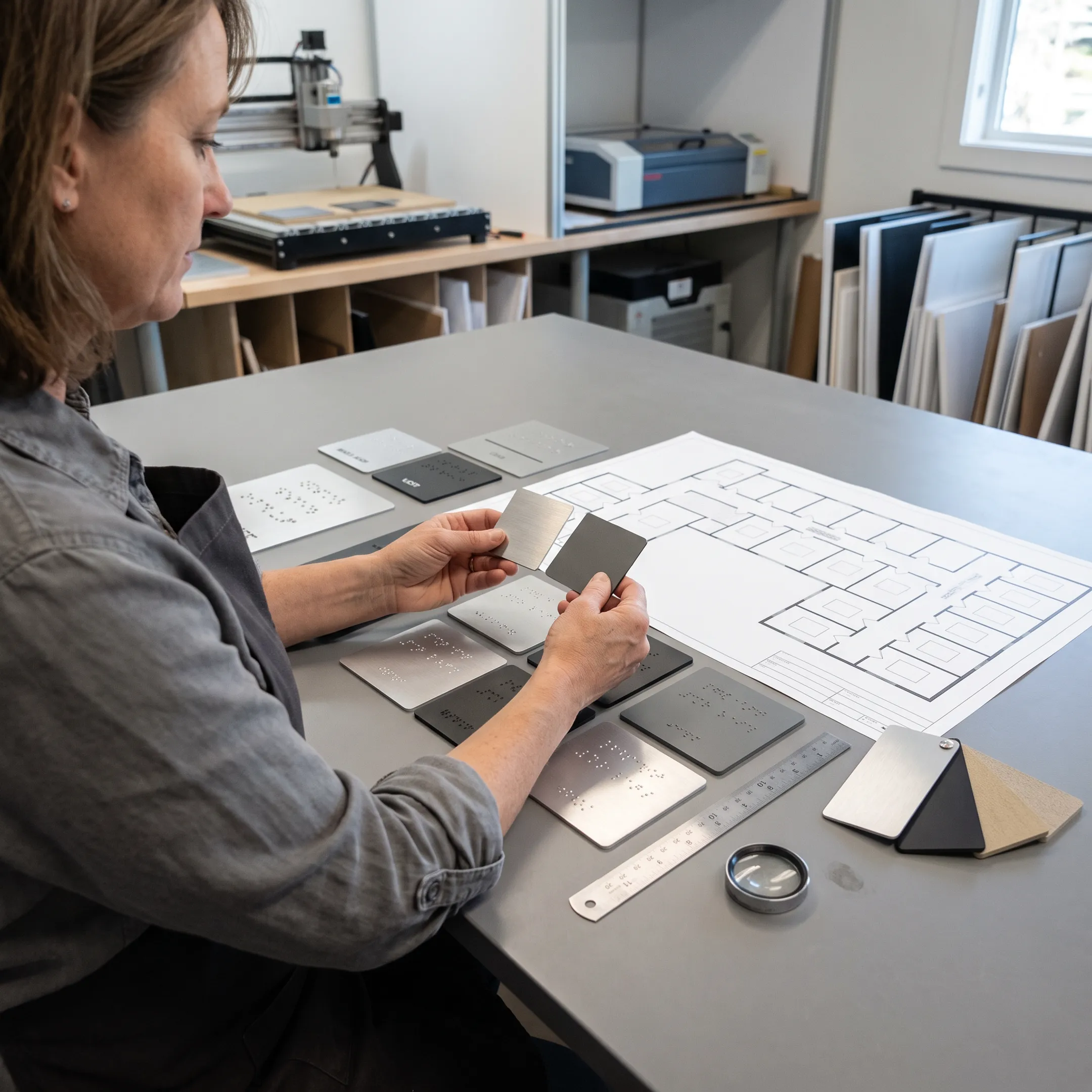 Signage specialist reviewing ADA sign layouts