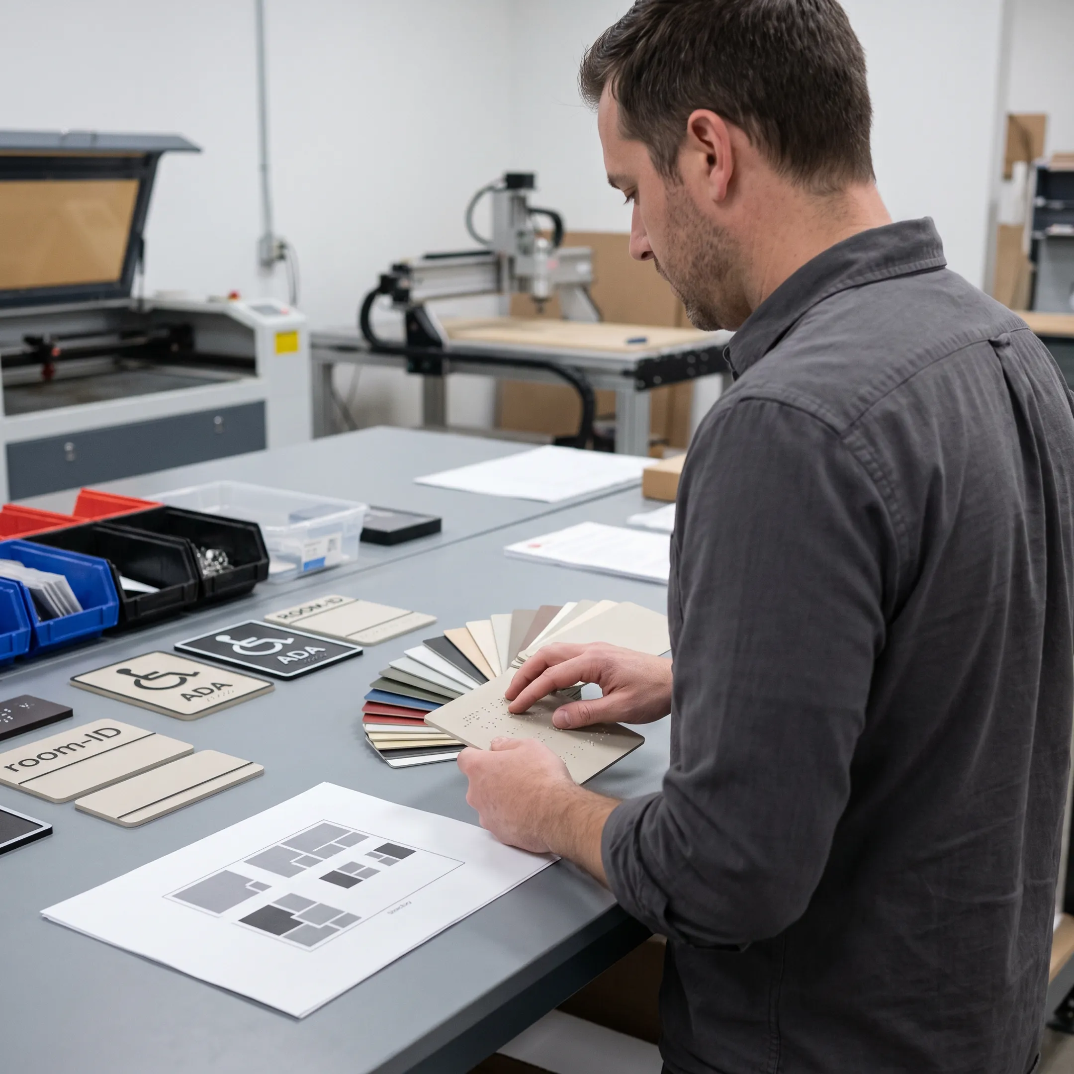 ADA signage samples on production table