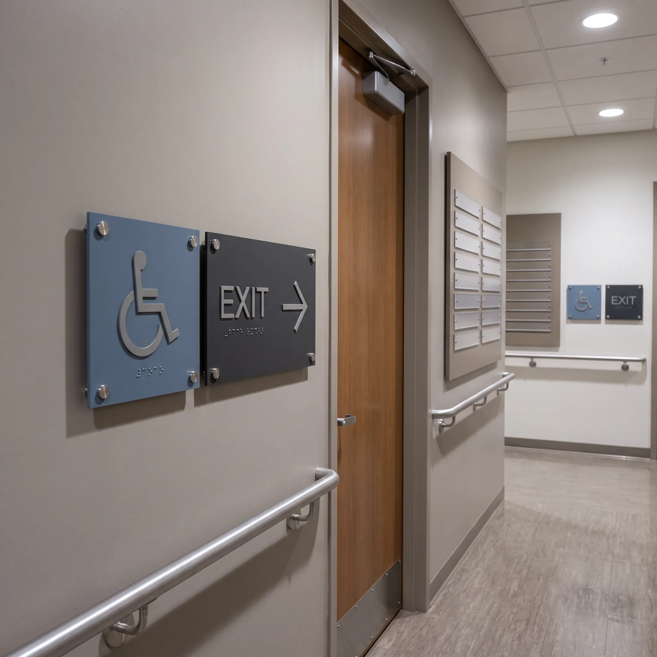 ADA and wayfinding signs in a commercial hallway