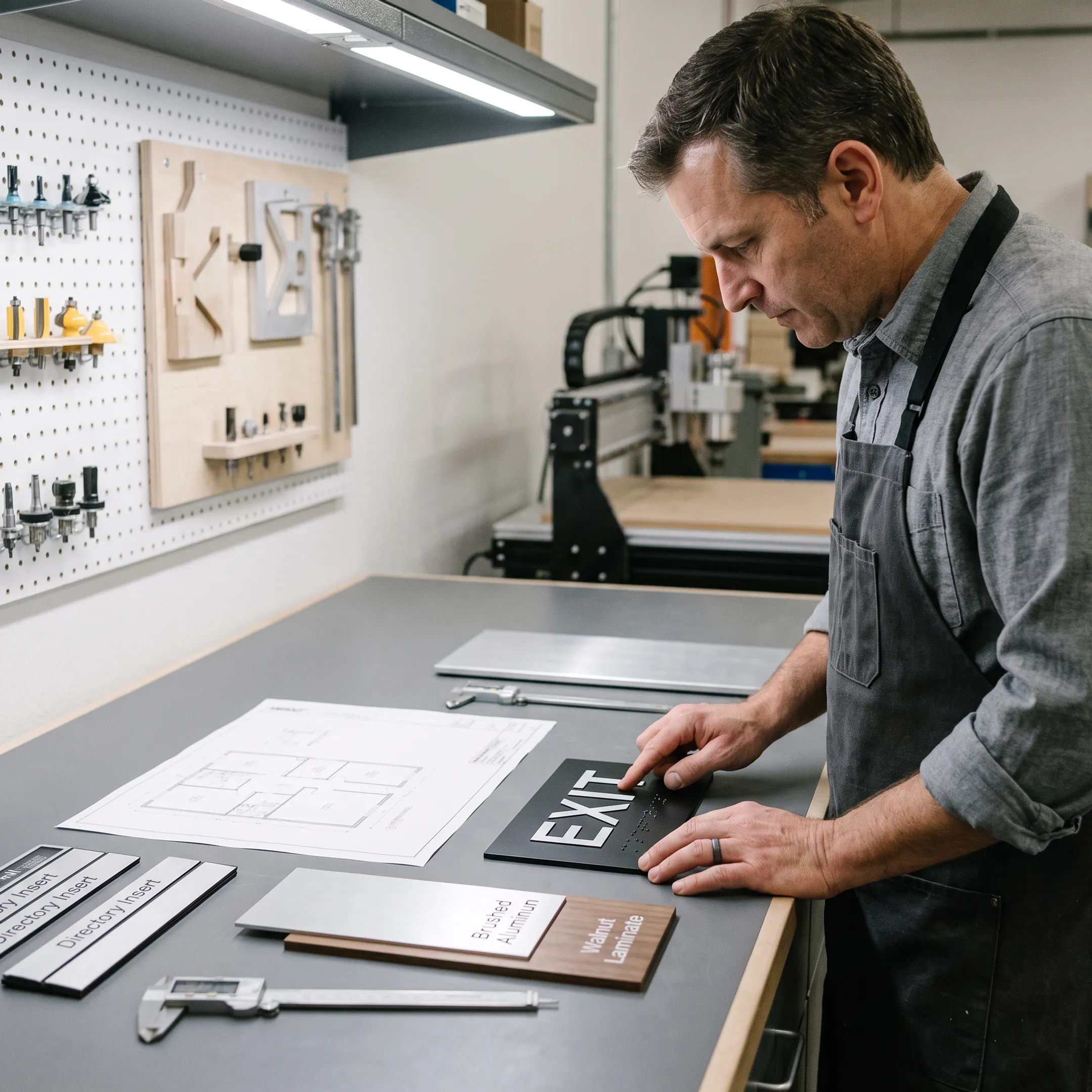 Signage specialist reviewing ADA sign plans