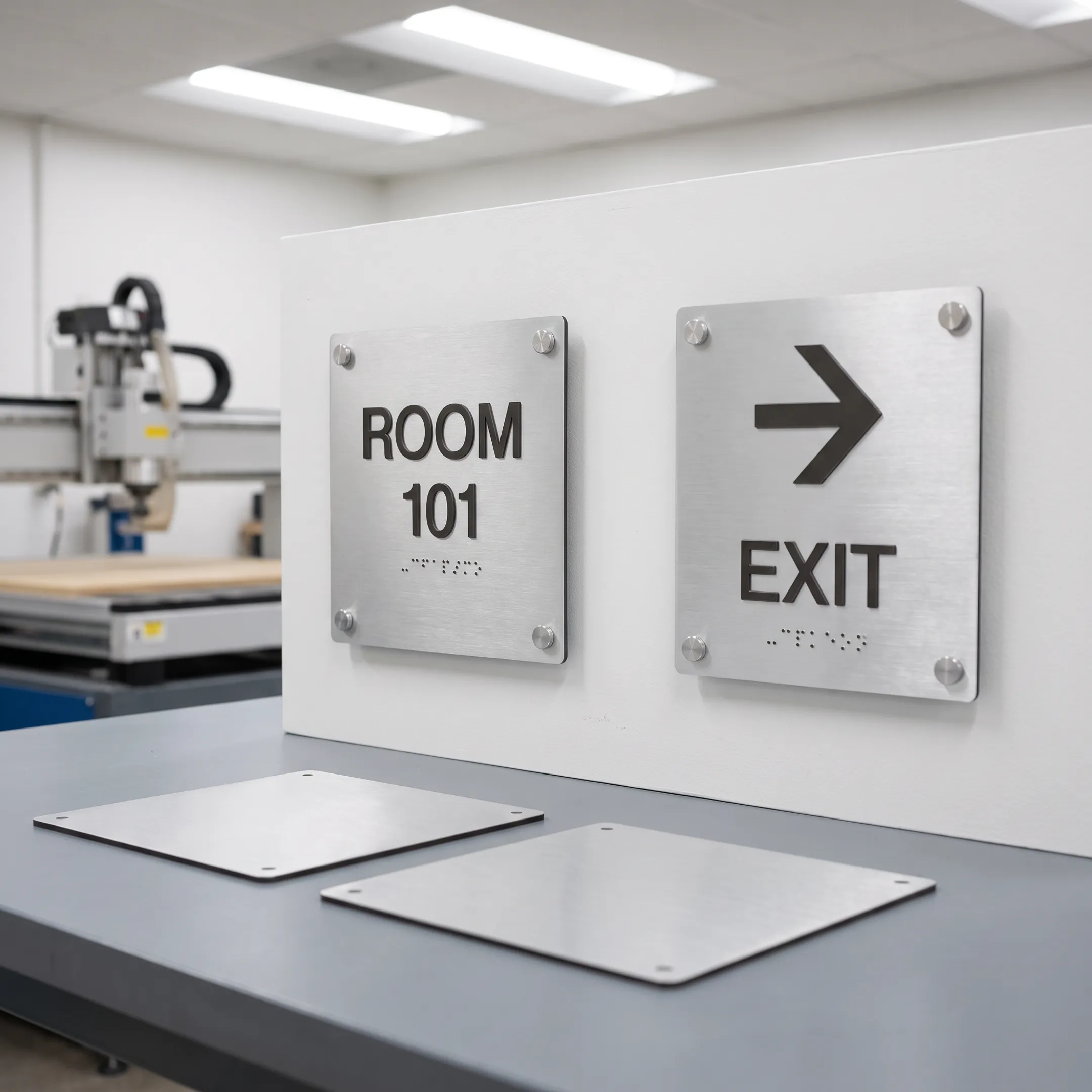 Custom ADA and wayfinding signs in a modern commercial hallway