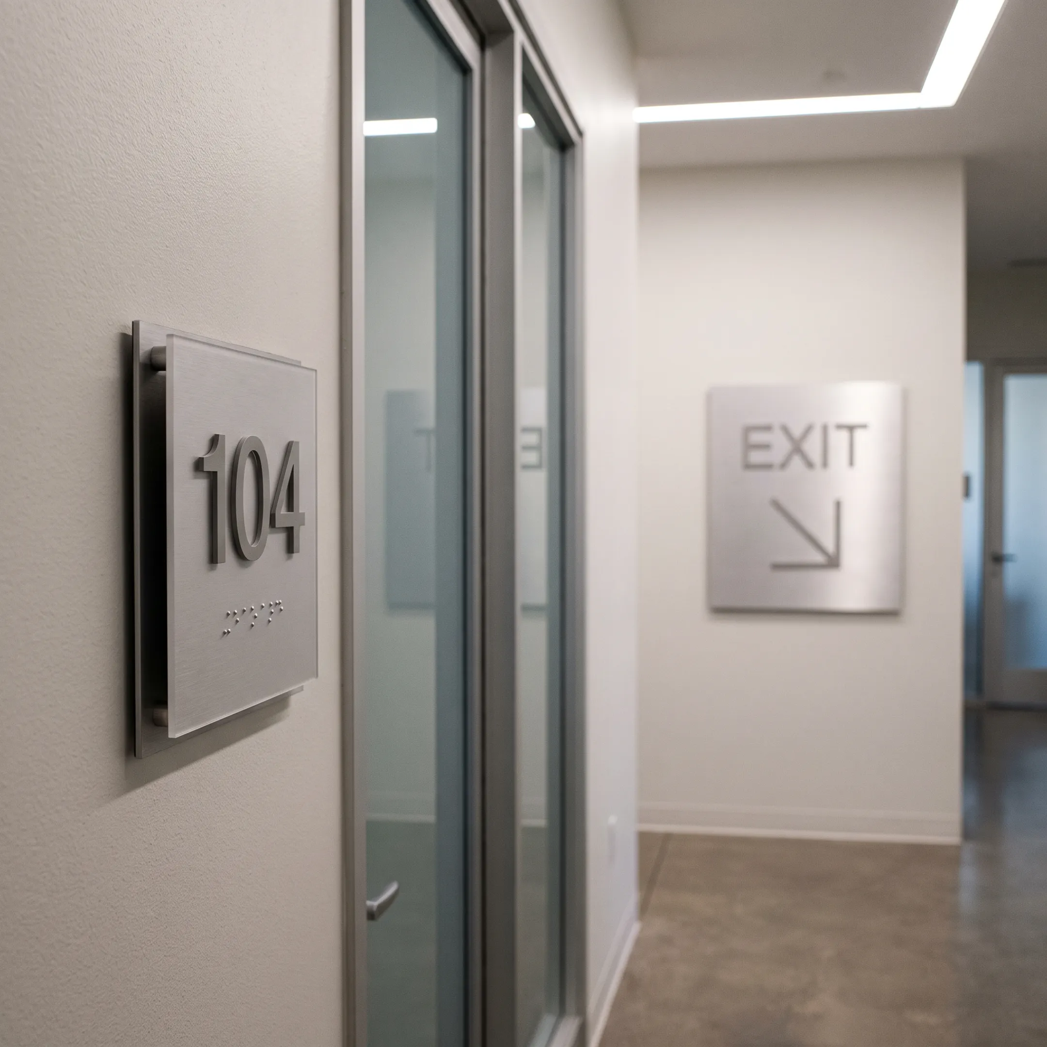ADA and wayfinding signs in a commercial hallway