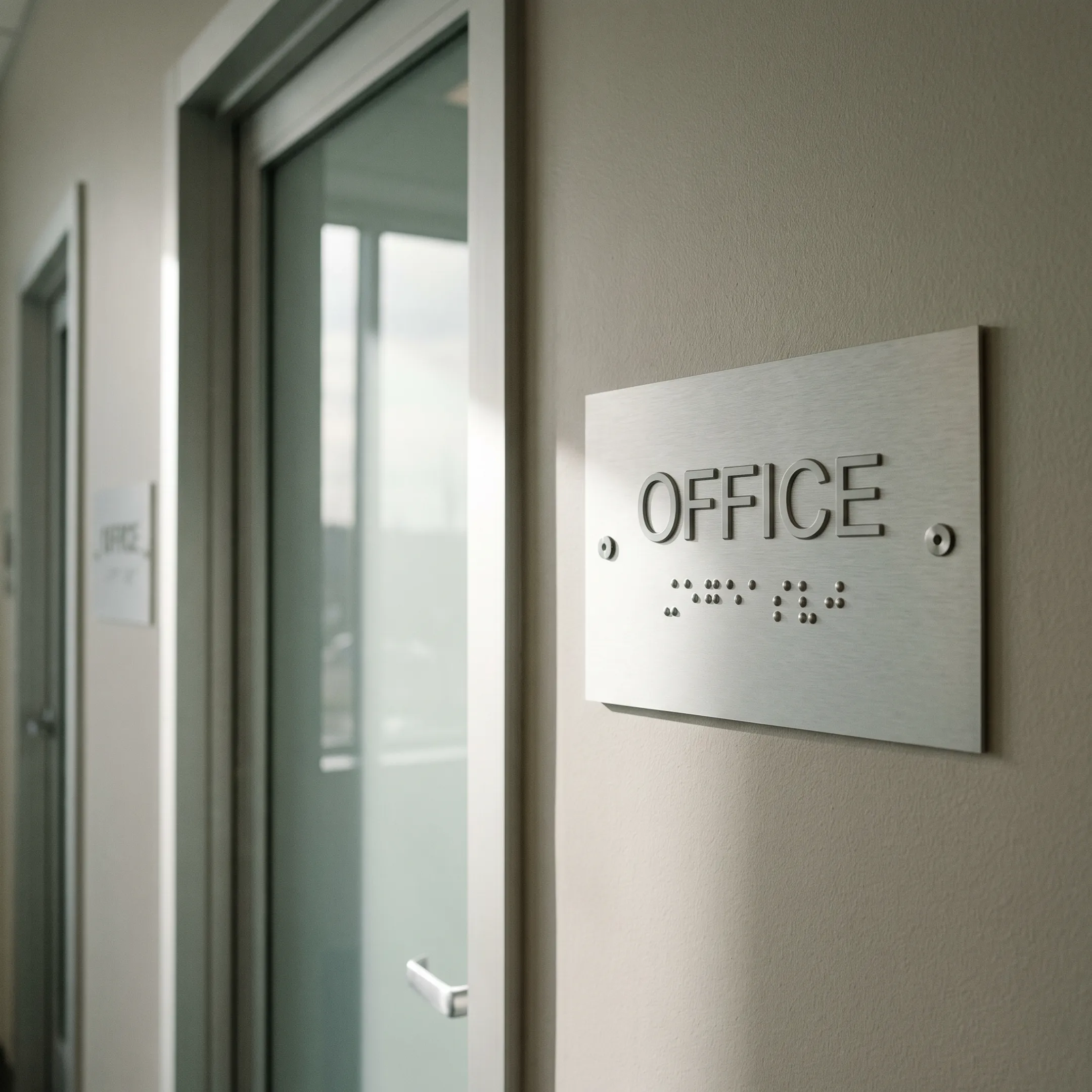 Tactile ADA signs in modern hallway