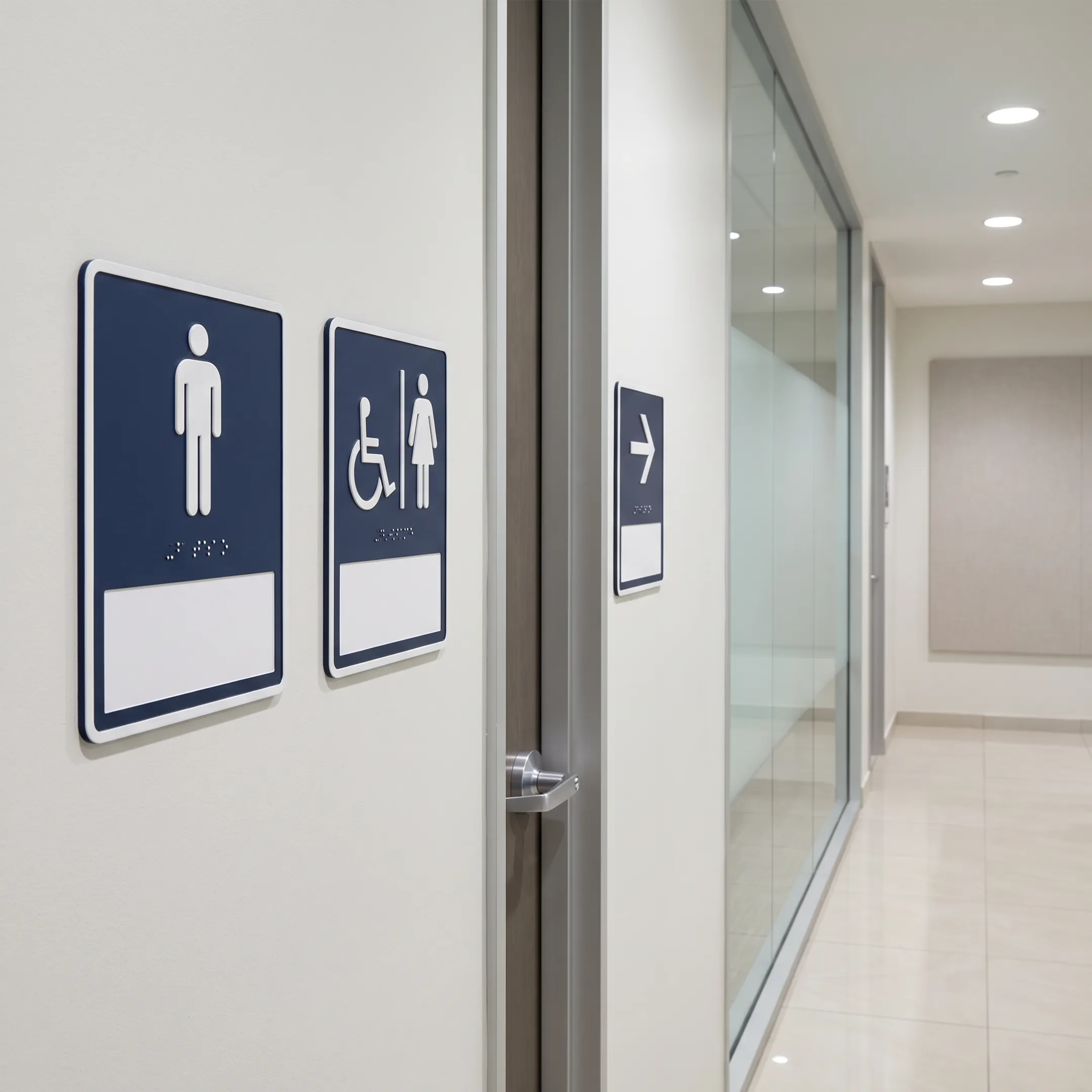 ADA and wayfinding signs in a commercial hallway