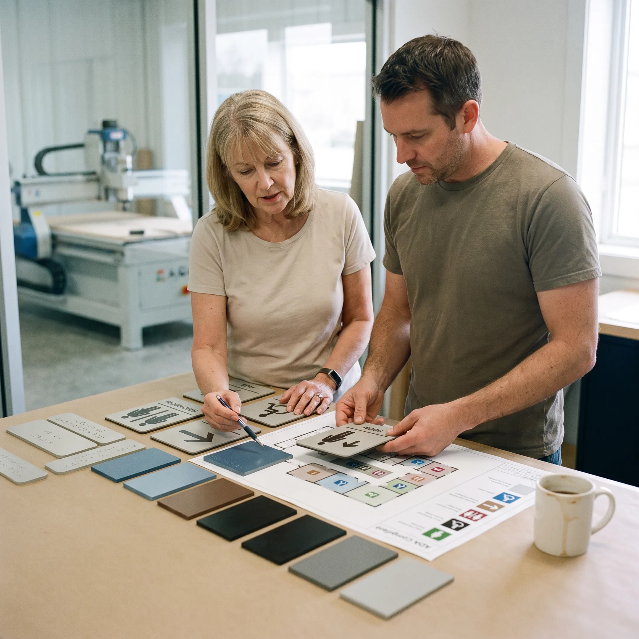 Team reviewing institutional signage plans
