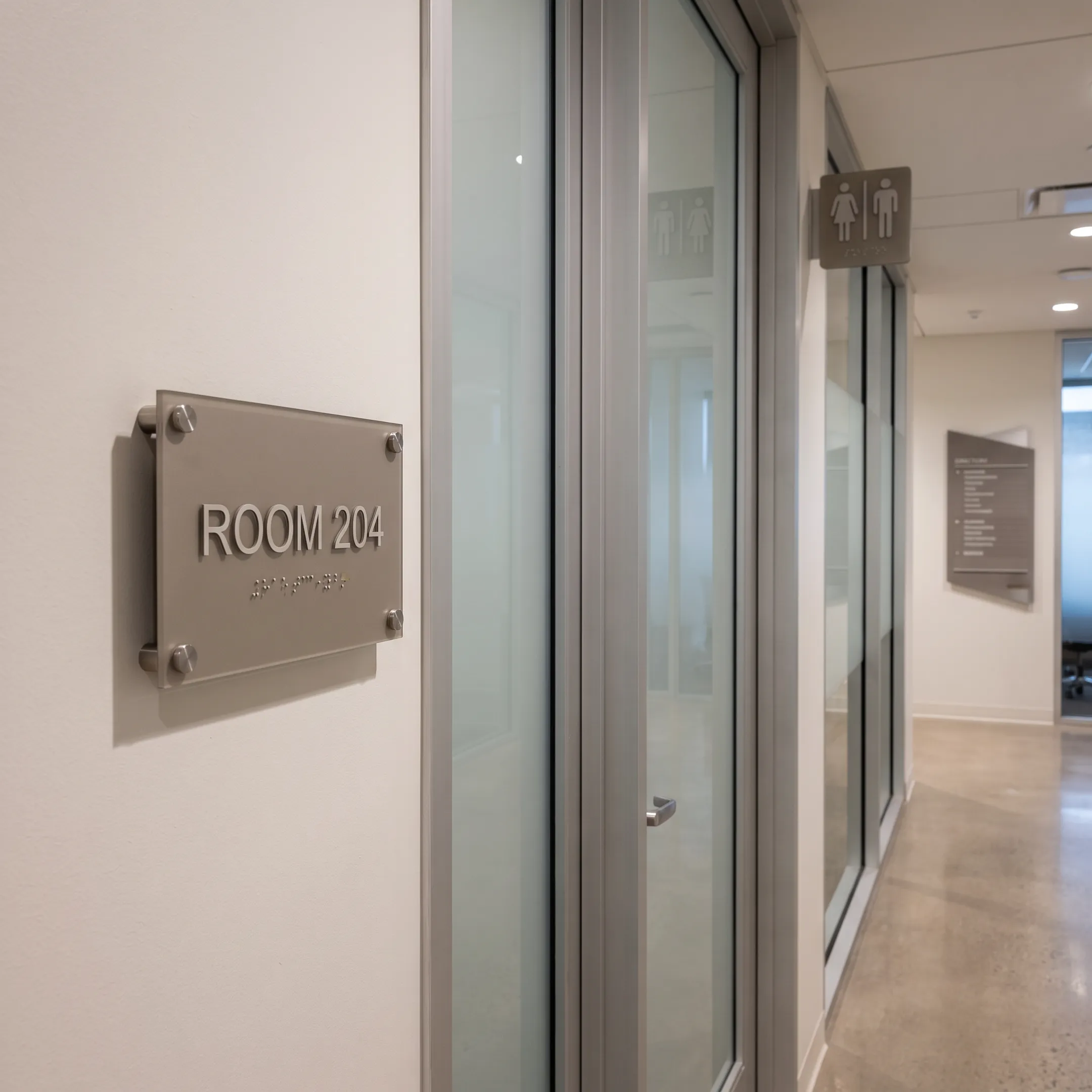 Professional ADA office signage in a commercial hallway