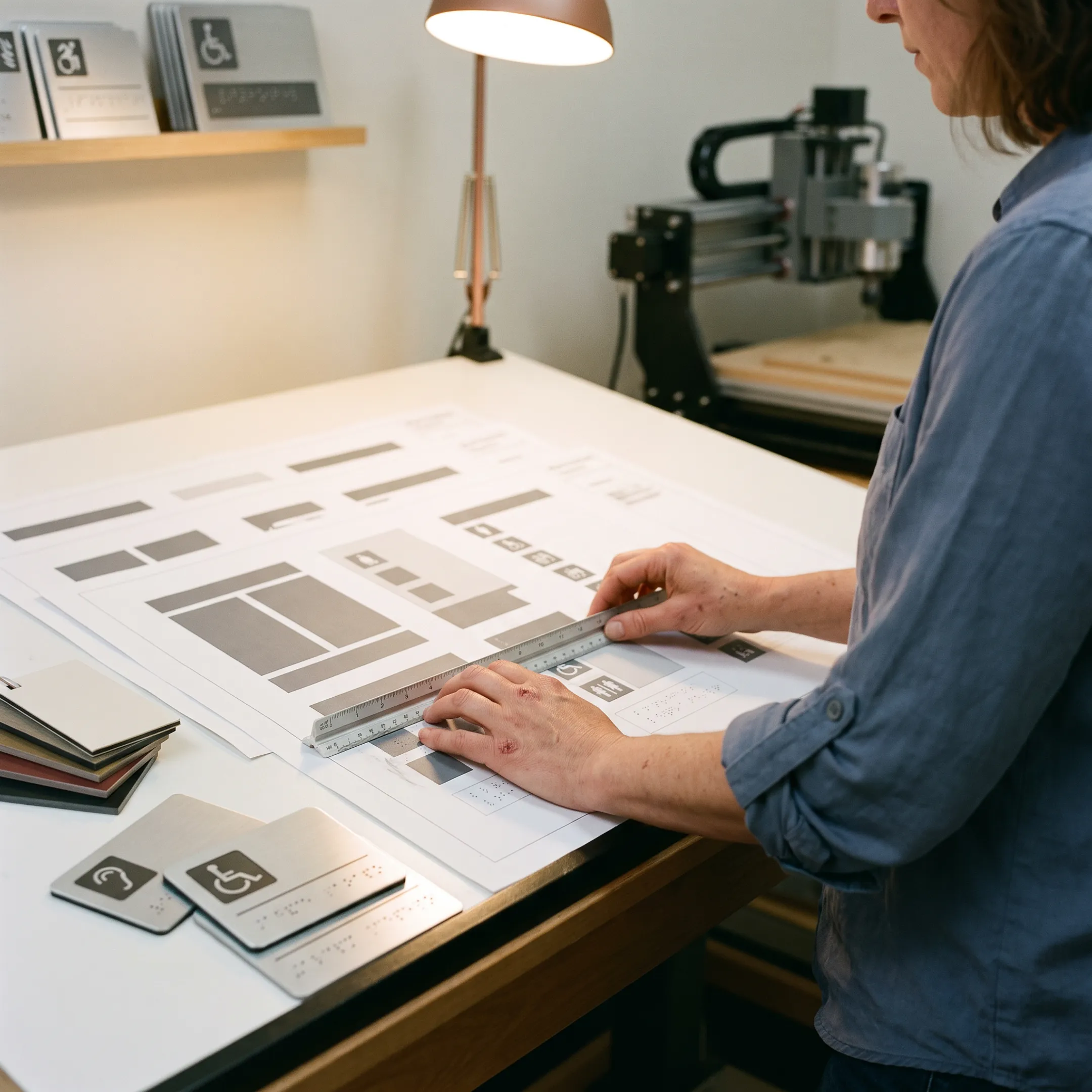 Designer reviewing wayfinding signage plans