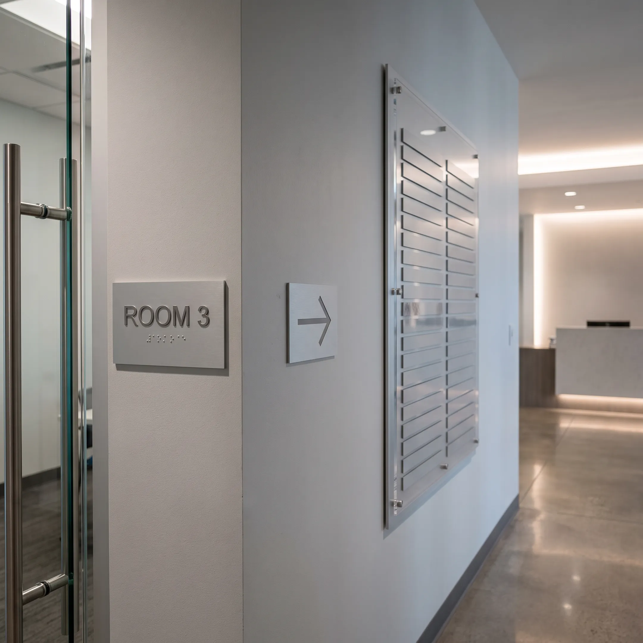 Modern wayfinding and directory signage in a commercial building