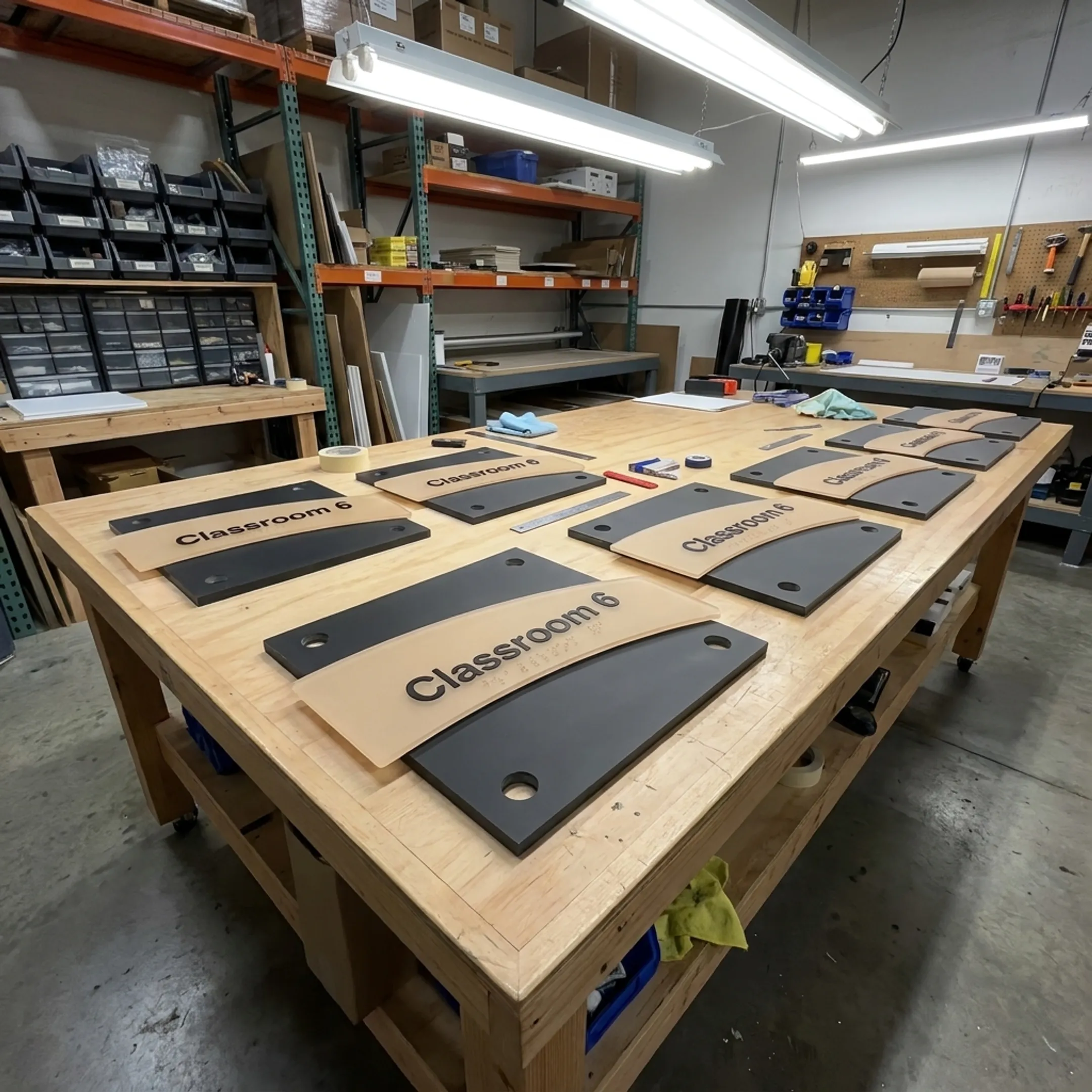 Custom fabricated tactile architectural signage undergoing precision wholesale inspection.