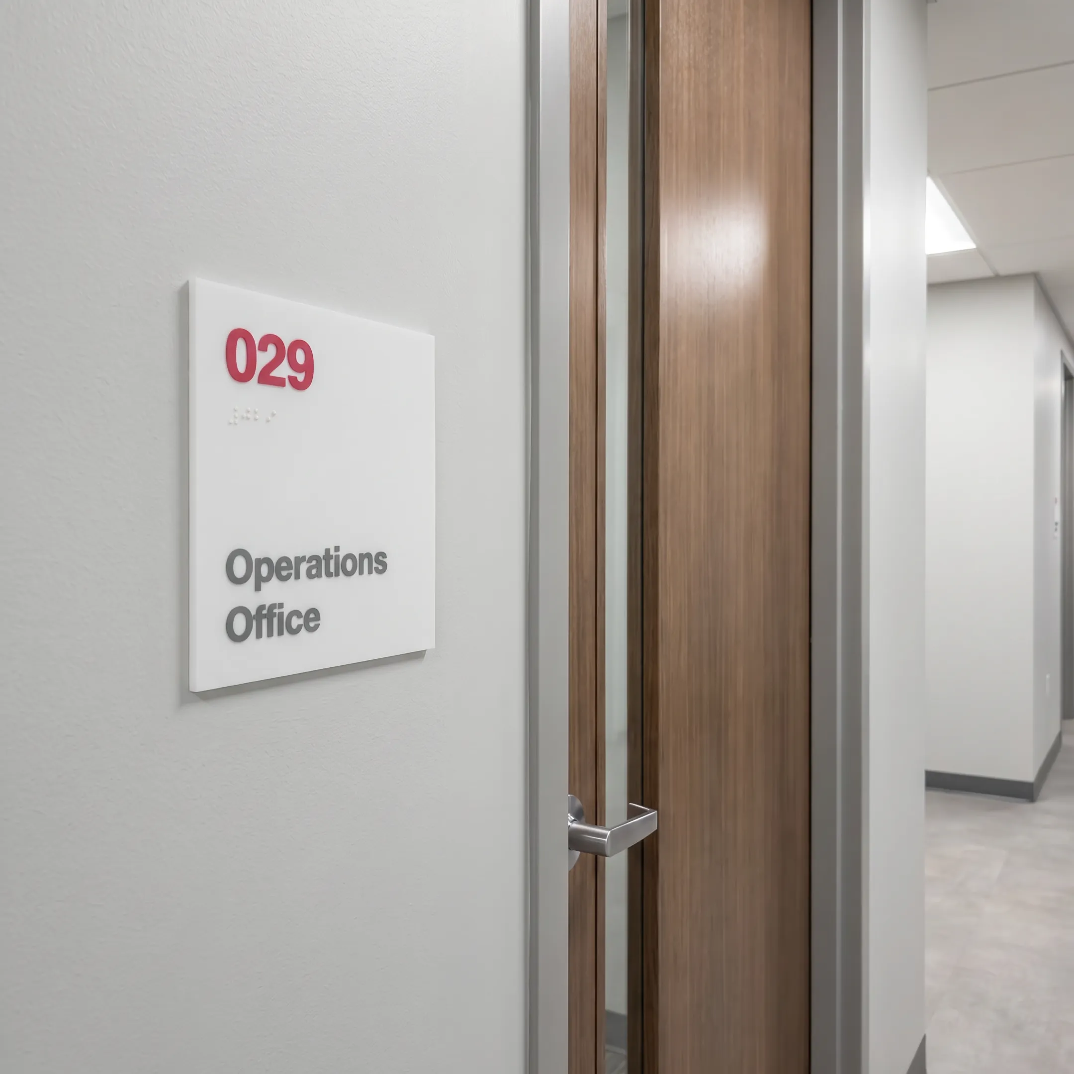 Architectural tactile and Braille ADA room sign installed in a modern facility.