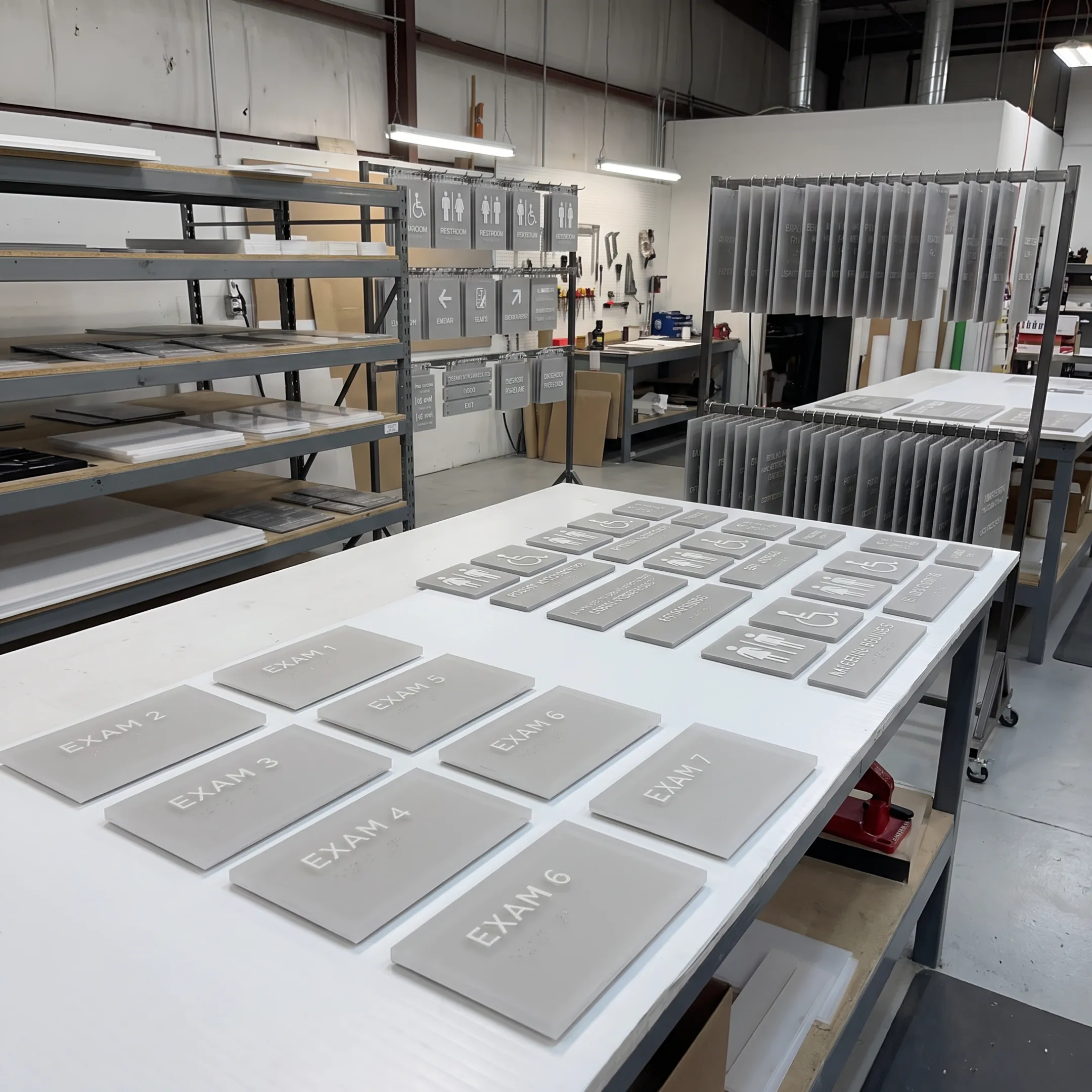 Commercial wholesale signs and architectural signage displayed in a professional production facility.