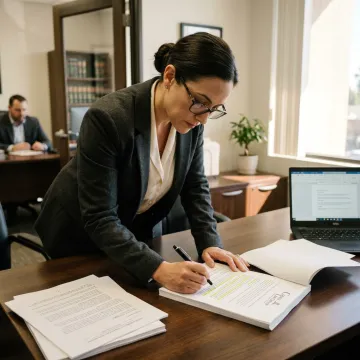Attorney reviewing commercial litigation case documents