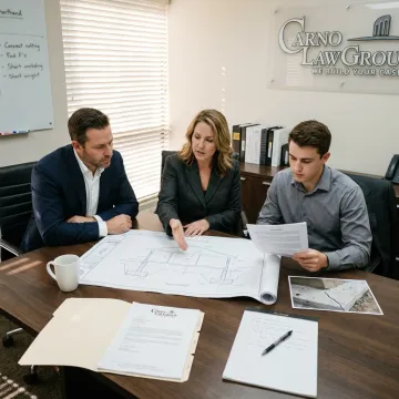 Attorney and construction expert reviewing defect evidence