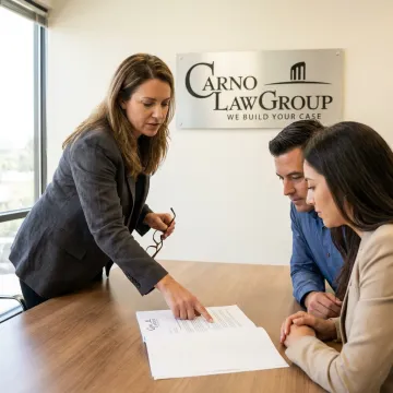 Business transaction attorney reviewing contracts with clients