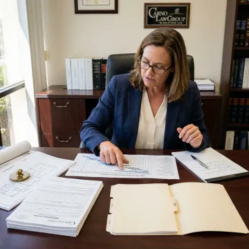 Construction delay attorney reviewing project schedules and lien documents