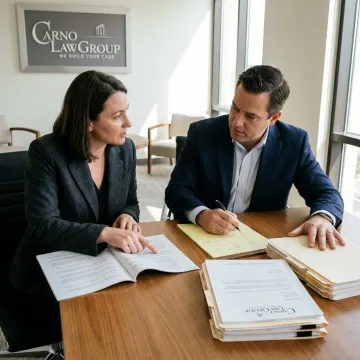 Business attorneys reviewing contract dispute documents