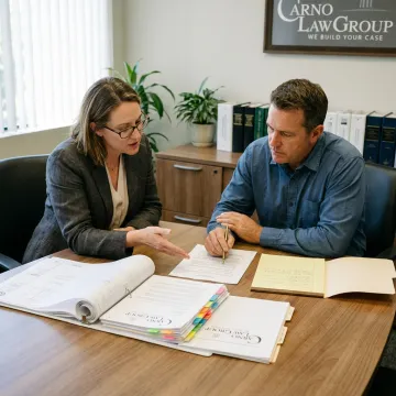 Attorney and contractor reviewing construction litigation evidence