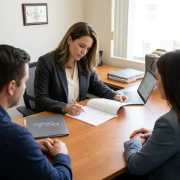 Business attorney reviewing contracts with clients