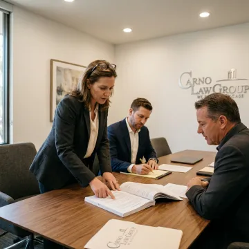 Business attorneys reviewing contract dispute documents