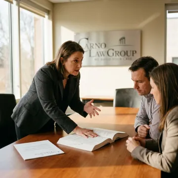 Business attorney reviewing contracts with clients