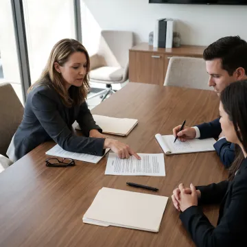 Business attorney reviewing contracts with executives