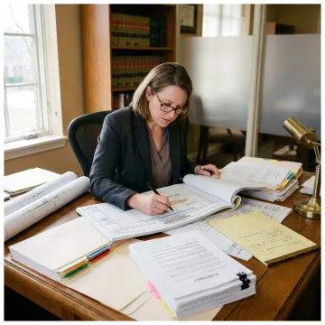 Attorney reviewing construction schedules and legal documents