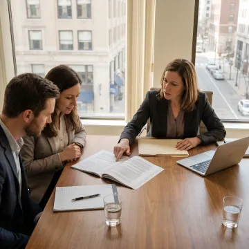 Business formation attorney reviewing documents with founders