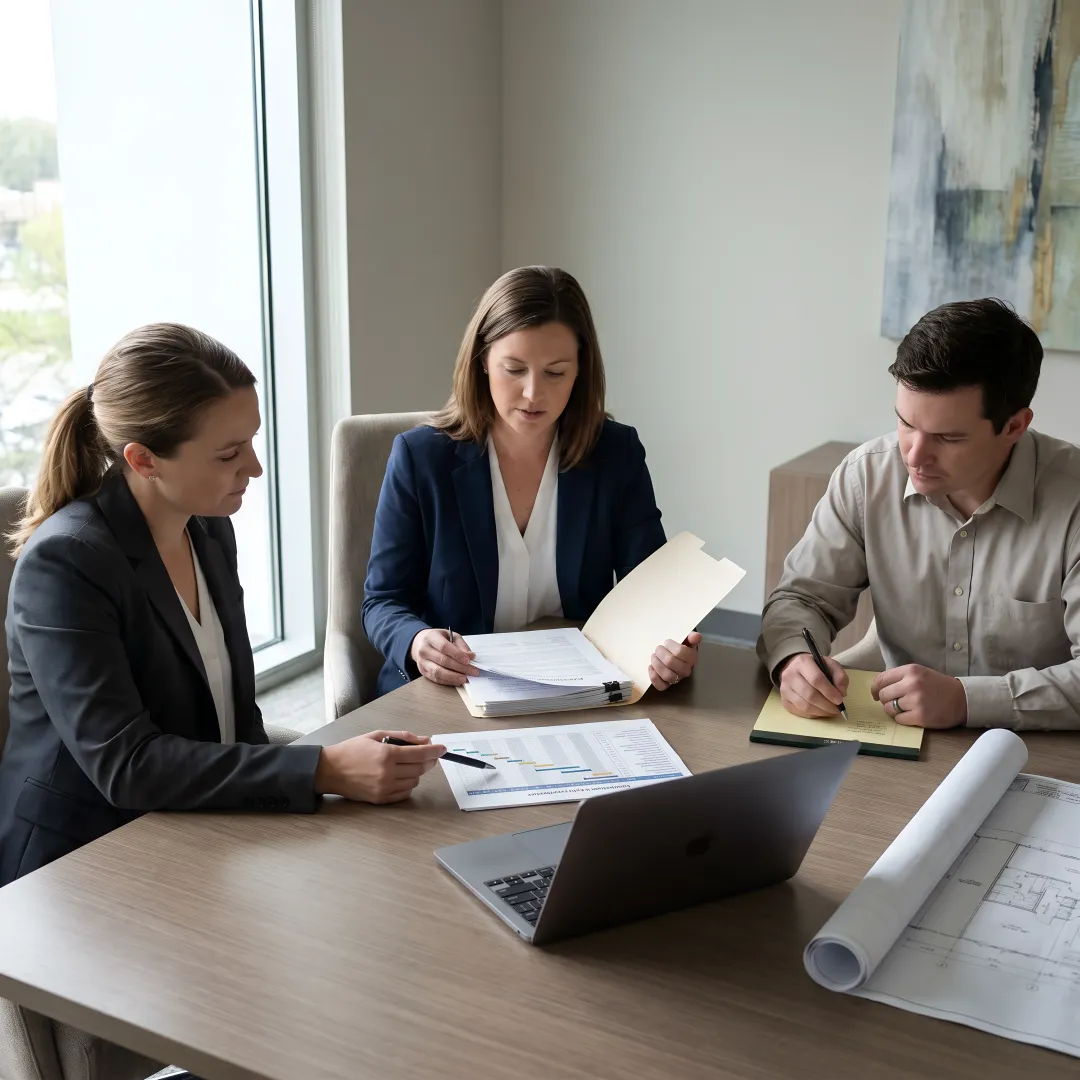 Construction dispute legal team reviewing project documents