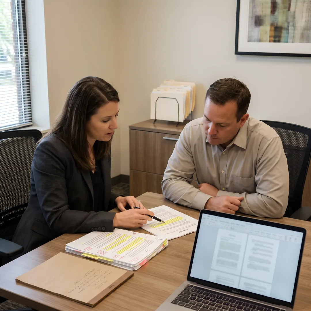 Attorney and business owner reviewing contract terms