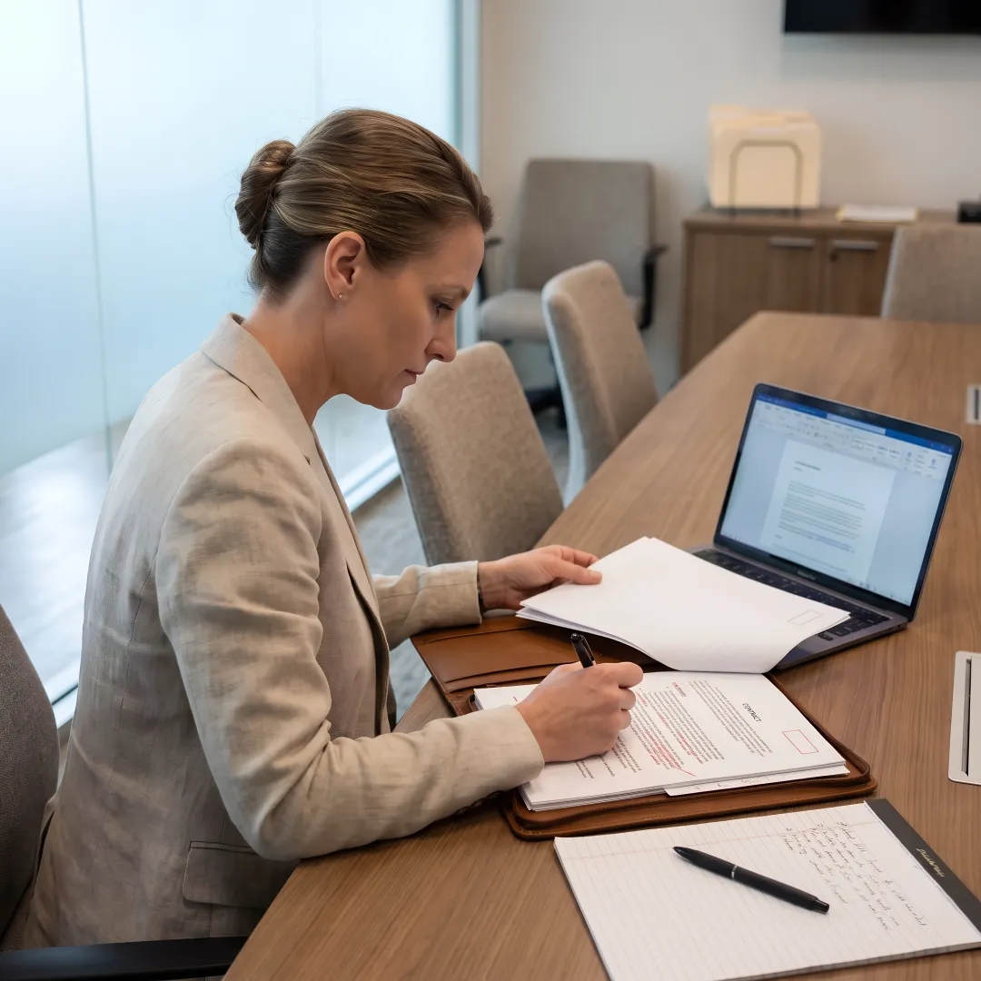 Attorney reviewing business contract dispute documents