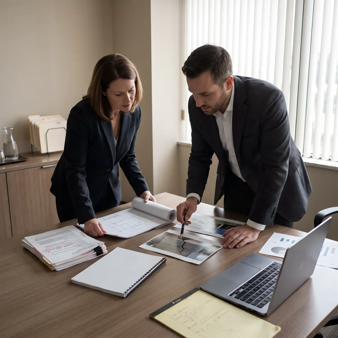 Attorney and construction expert reviewing defect evidence