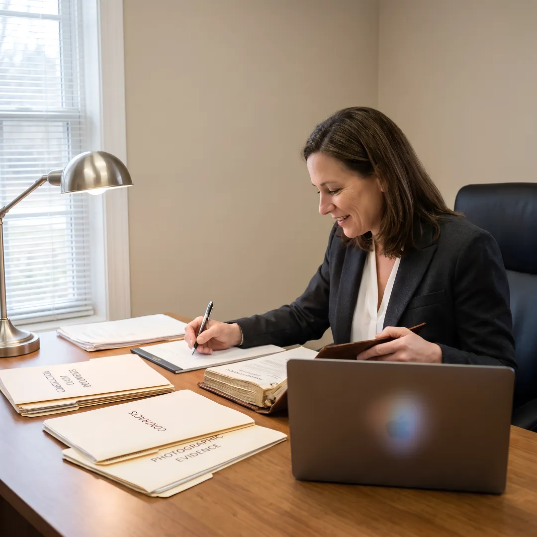 Attorney reviewing contractor insurance claim documents