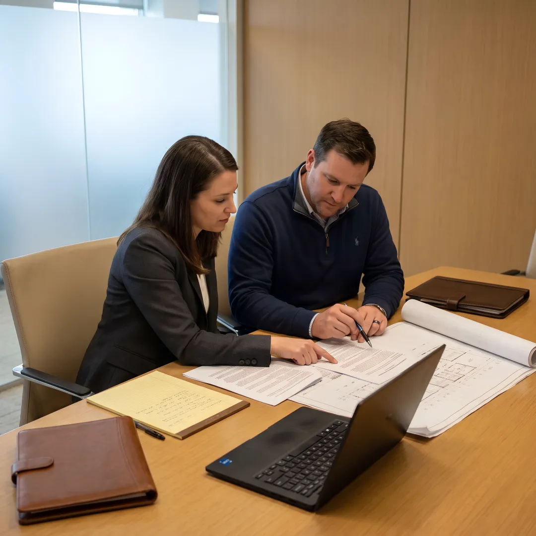 Attorney and contractor reviewing construction litigation evidence
