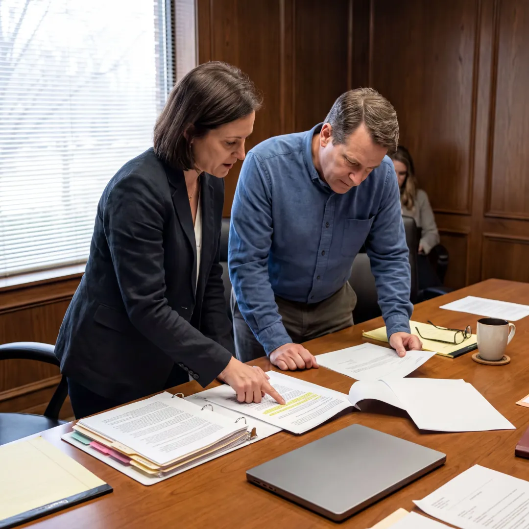 Lawyers preparing a contract dispute strategy