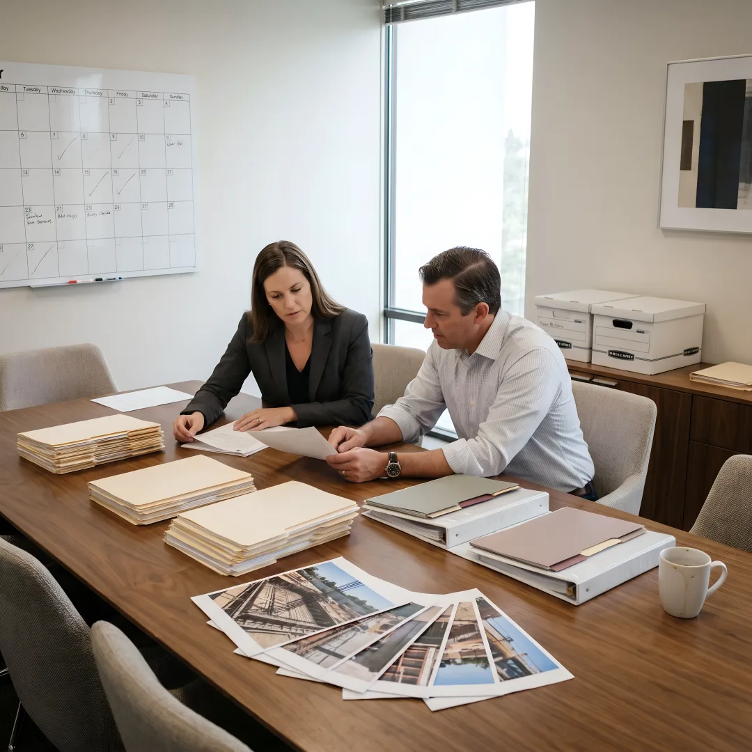 Business litigation team reviewing case documents