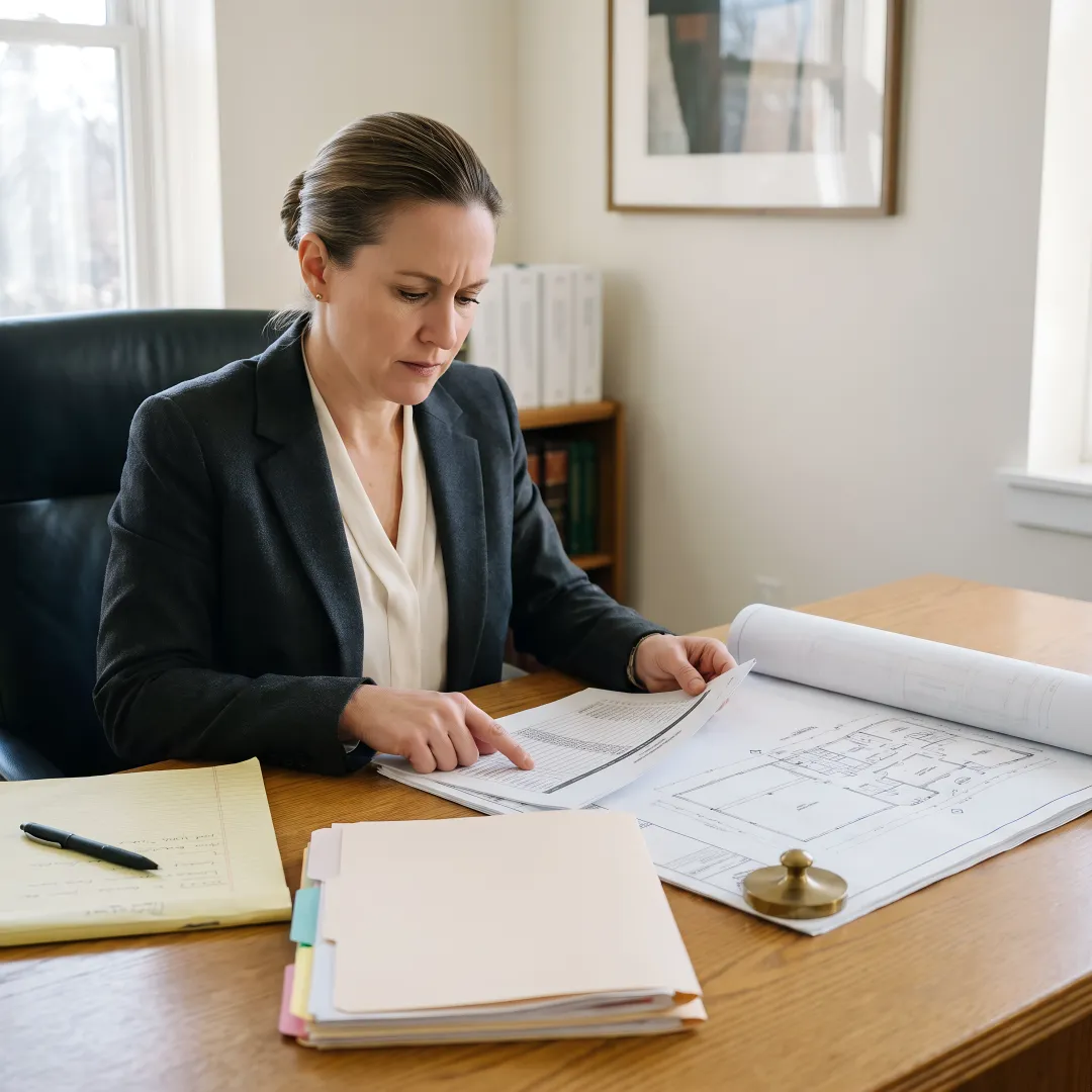 Attorney reviewing construction schedules and legal documents