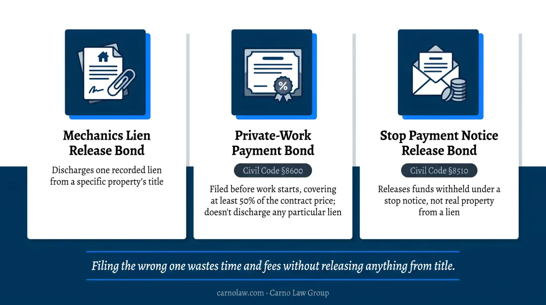 Comparison chart of three California construction lien bond types